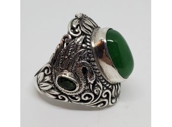 Bali, Burmese Green Jade, Russian Diopside Swan Ring In Sterling