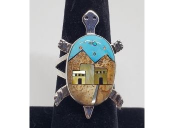 Turquoise, Multi Gemstone Turtle Ring In Sterling Silver