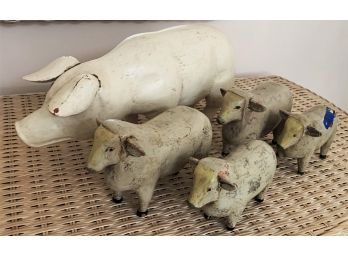 Vintage Carved Wood Pig & Sheep