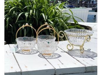 Three Kilarney Lead Crystal, Ireland Baskets & Crystal Compote On Stand