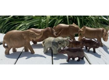 Carved Wood Elephants & Rhino's - Eight Pices