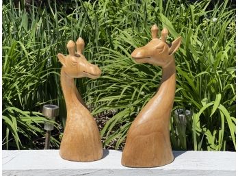 Pair Carved Wood Giraffe Heads