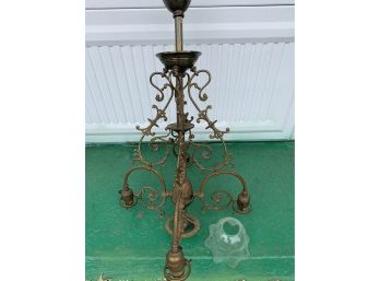 Lovely Vintage Chandelier With Fringed Glass Dome & Etched Glass Shades