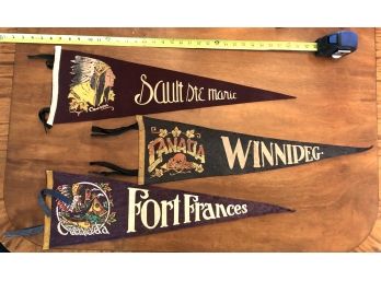 Lot Of 3 Vintage Canadian Souvenir Felt Pennants - Winnipeg Sault Ste Marie & Ft Frances