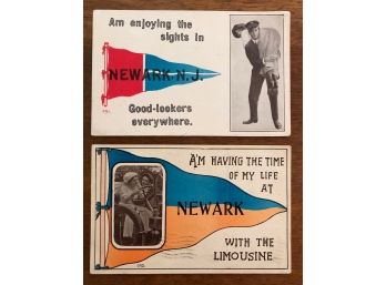 Pair Of Racy 'Pennant' Postcards Newark NJ Incl. Automotive Interest