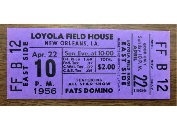 1956 Fats Domino New Orleans Concert Ticket - A Piece Of Rock N Roll History