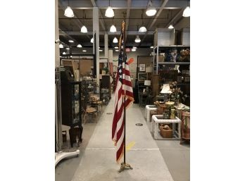 Vintage Auditorium American Flag On Oak Pole Stand 9 Feet Tall