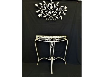 Vintage Wrought Iron Half Moon Table  & Floral Wall Sculpture