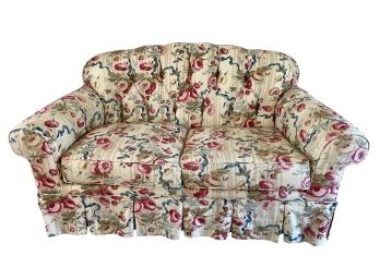 Custom Upholstered Floral Settee With Scroll Arms & Tufted Back