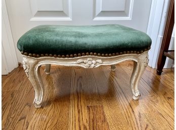 Green Velvet Covered Carved Wood Foot Stool With Nailhead Trim