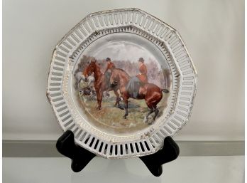 Antique Pierced Hand Painted Equestrian 7' Plate With Stand, Made In Bavaria