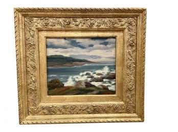 Gilt Framed Antique Oil Painting Of Waves Crashing On Shore