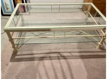 Cream Colored Painted Metal Two Tiered Glass Coffee Table