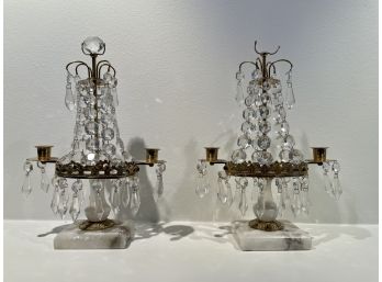 Pair Of Crystal & Brass Candelabra On Marble Bases