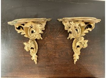 Pair Of Intricately Designed Gilded Wood Wall Shelves