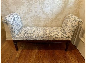 Antique Scroll Arm Bench With Newer Pale Blue & White Upholstery