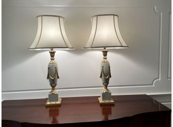 Pair Of Carved Wood Lamps With Slate Blue & Gilt Paint Decoration