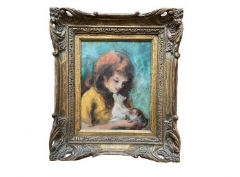 Cydney Grossman (American, 1909-1982) Signed Vintage Oil Painting Of A Young Girl & Cat, Titled 'Friends'