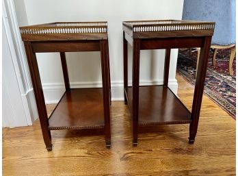 Pair Of Marble Top Side Tables With Brass Gallery & Lower Parquetry Shelf