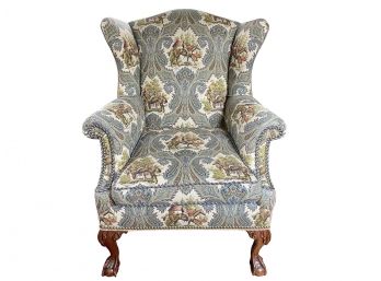 Exquisitely Custom Tailored Equestrian Themed Upholstered Wingback Chair With Contrasting Fabric On Back