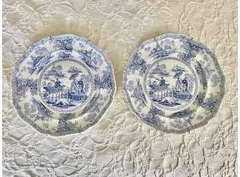 Pair Of J & G Alcock Cobridge Blue & White Plates With Wall Hangers