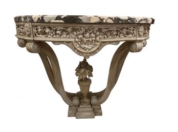 Superb Antique Neoclassical Style Paint Decorated Demi Lune Table With Marble Top