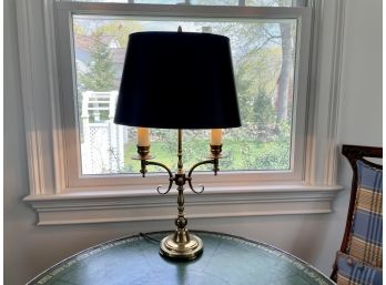 Attractive Two Light Oval Brass Lamp With Gilt Lined Matte Black Shade