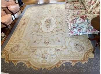 Wool Aubusson 9' X 12' Carpet In Pale Yellow, Gold, Blue & Pink Floral Design With Slate Blue Border