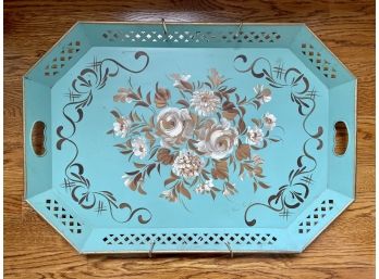 Vintage Paint Decorated Turquoise Pierced Metal Tole Tray By Nashco Products, NY