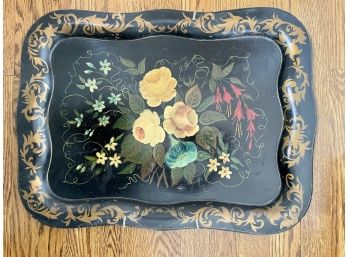 Vintage Paint Decorated Black Tole Tray With Wall Hanger