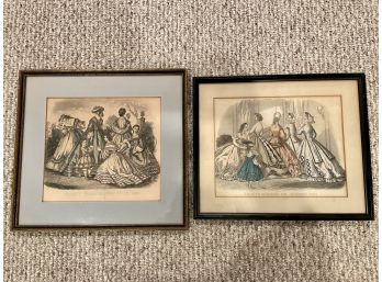 Pair Of Antique Hand Colored Engravings 'Godey's Fashions For July 1863' 'Godey's Fashions For December 1864'