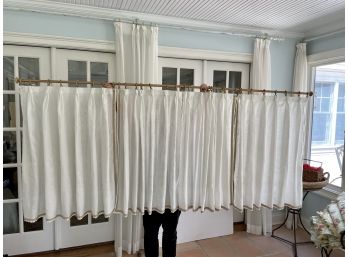 Four Panel White Cafe Curtain With Brushed Gold Toned Rod & Brackets