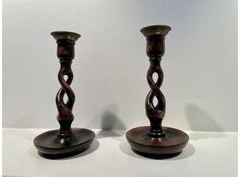 Pair Of Antique Open Barley Twist Wood Candle Holders