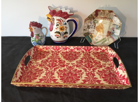 Rooster Collection: Two Handpainted Italian Pitchers, Display Plate And Decorative Red Tray