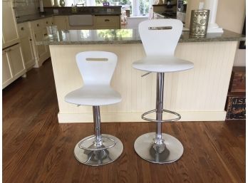 Two Chrome And Composite Barber Style Modern Stools