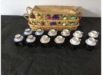 Three Sets Of Four Teacup Napkin Rings Plus Three Decorative Serving Baskets