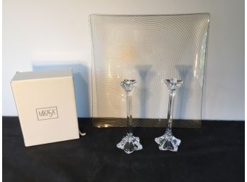 Mikasa Crystal Candle Holders And Gold Tone Spiral Design Glass Tray