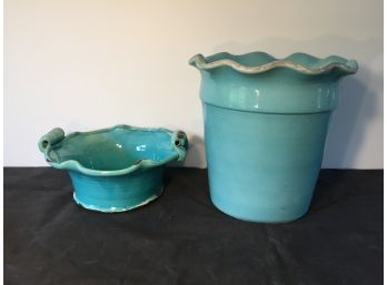Two Rustic Turquoise Ceramic Planters