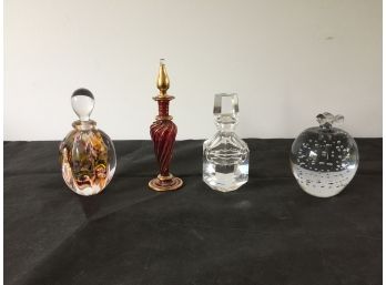 Set Of Three Beautifully Ornate Perfume Bottles And A Crystal Apple Paperweight