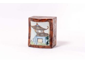 Asian Carved Wooden Box With Painted Porcelain Panel