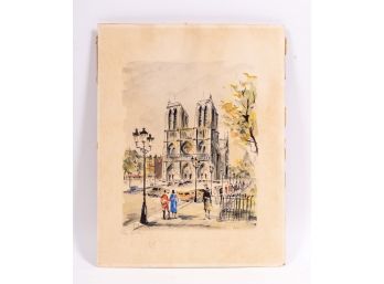 Signed Watercolor Painting Notre Dame Cathedral, Paris