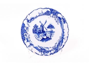 Antique Blue & White Porcelain Plate With Windmill Scene