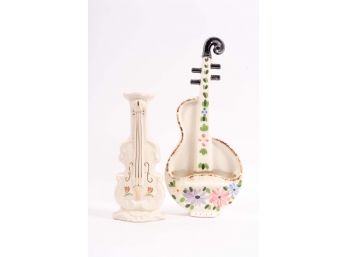 Two Hand Painted Porcelain String Instrument Shaped Vases