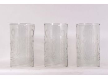 Trio Of  17' Excellent Antique Etched Glass Hurricane Glasses