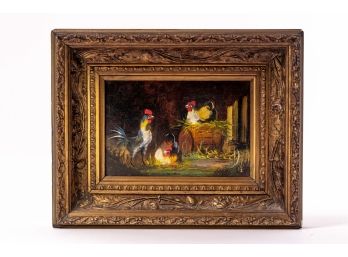 Petite Original Painting Of Rooster With Hens