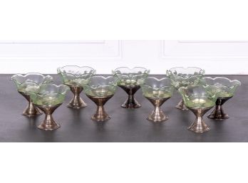 Set Of Nine Etched Glass & Silver Plate Sundae Dishes