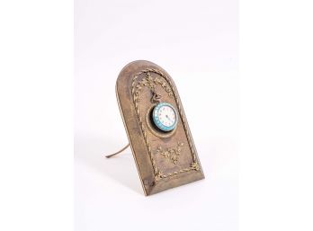 Antique Guilloche Enameled Clock On Brass Stand