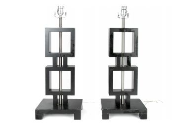 (114)  Pair Of Dark Wood And Satin Nickel Table Lamps