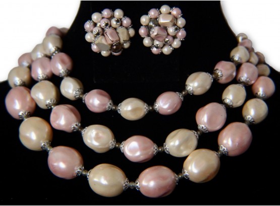 Vintage Pink Bead, Triple Strand Necklace & Earring Pair (Valued $60.00)
