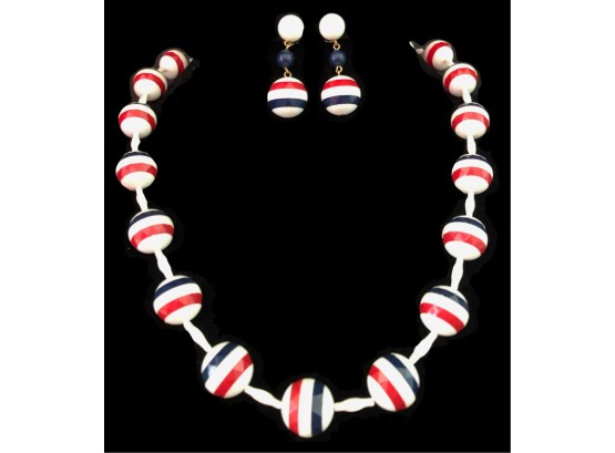 Vintage Red, White & Blue Graduated Pearl Necklace W/ Earring Pair